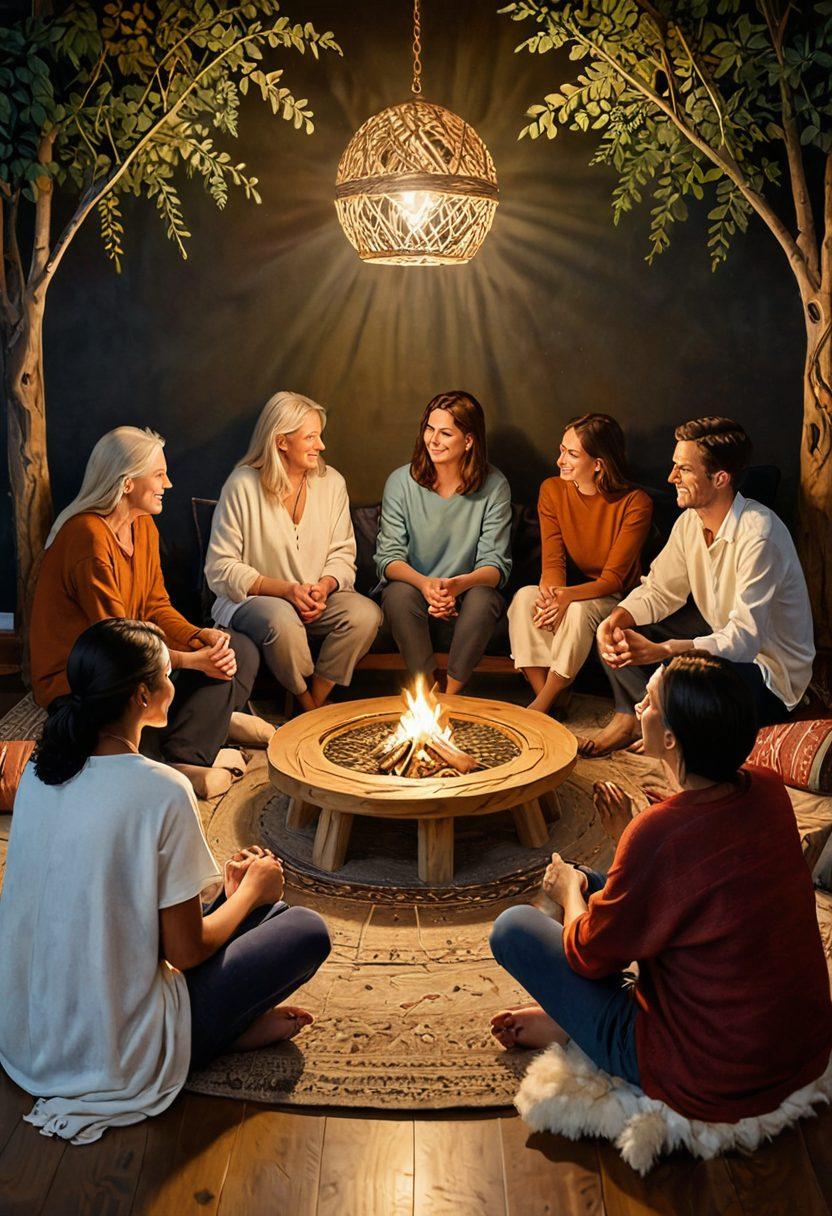 A warm, inviting scene depicting a diverse group of individuals gathered in a cozy circle, sharing stories. Each person is expressing a range of emotions, with soft lighting and comforting surroundings. In the background, a tapestry of interwoven threads symbolizes connectivity and shared experiences. The setting should evoke a sense of empathy and understanding. painting. warm tones. organic textures.