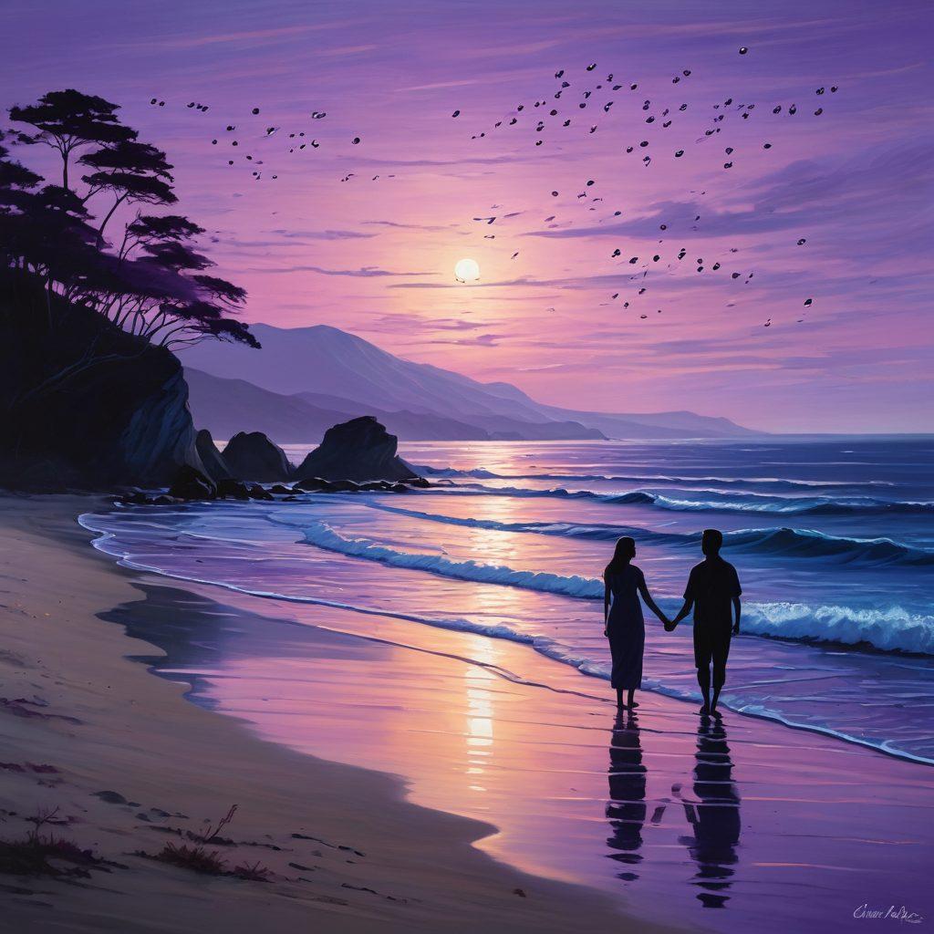 A serene landscape depicting a calm ocean at dusk, with soft waves reflecting shades of purple and blue. Silhouetted figures of diverse individuals holding hands, standing together on the shore, symbolizing solidarity and support. Delicate floating lanterns in the air representing hope and insights. Gentle textures resembling brush strokes for an artistic touch. calming colors. painting.