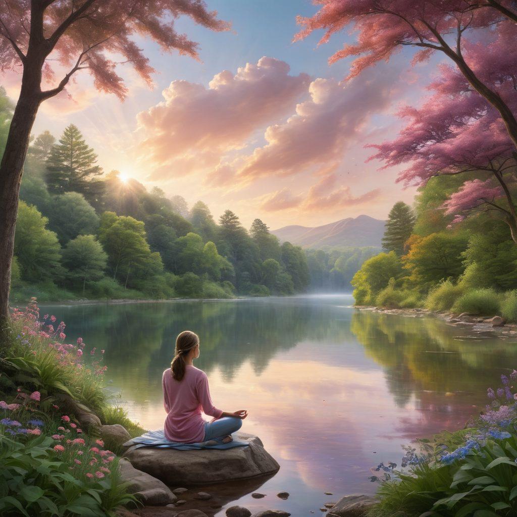A serene landscape with a tranquil lake reflecting soft pastel skies, surrounded by lush green trees. In the foreground, a collection of colorful tools and resources labeled with encouraging words such as 'Support', 'Healing', and 'Strength'. A gentle figure in meditation poses nearby, inviting a sense of calm and exploration. Add subtle light beams breaking through the clouds to symbolize hope. super-realistic. vibrant colors. peaceful atmosphere.